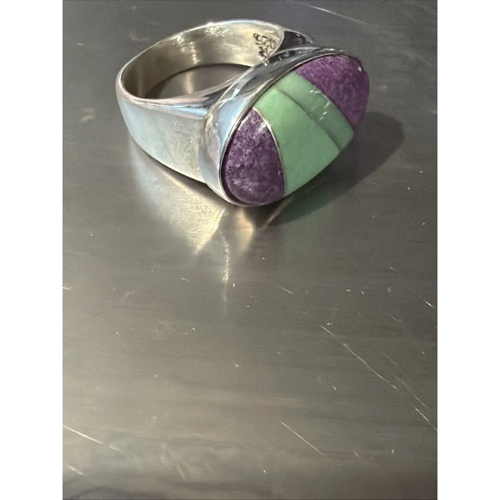 Vtg Jay King DTR Sterling Silver Charoite Aventurine Mosaic Band Ring 925 Size 7